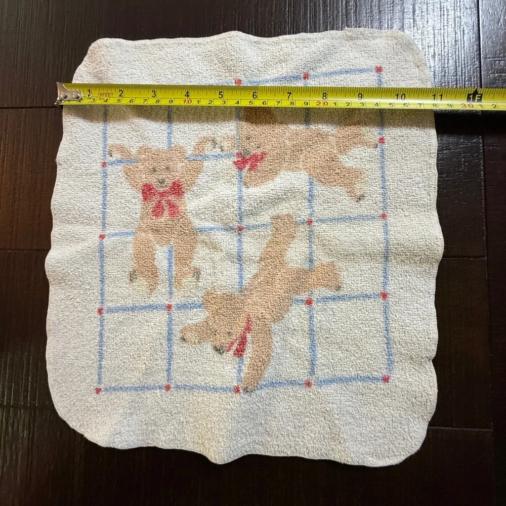 Vtg Teddy Bear Bath Towel Set 3 Pc Windowpane Grid Red Bows Cottagecore Retro